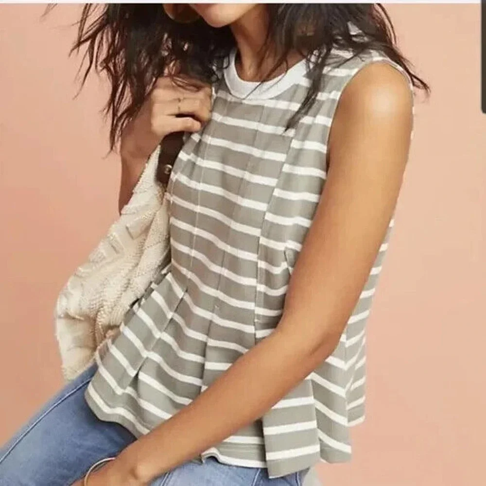 NWT Anthro Postmark Striped Pleated Peplum Top XS Clean Girl Preppy Chic Brunch - Picture 3 of 11